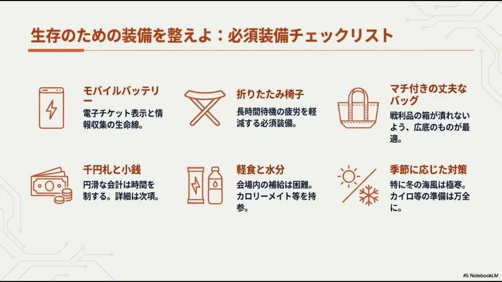 モバイルバッテリー、千円札、折りたたみ椅子、軽食、マチ付きバッグ、防寒対策など、ワンフェス参加に欠かせない装備のイラストと説明。