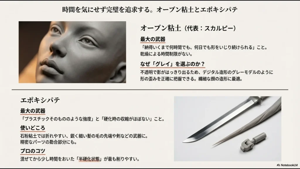 繊細な顔作りに適したスカルピーと、強度が必要な武器や髪の毛に適したエポパテを解説したスライド。