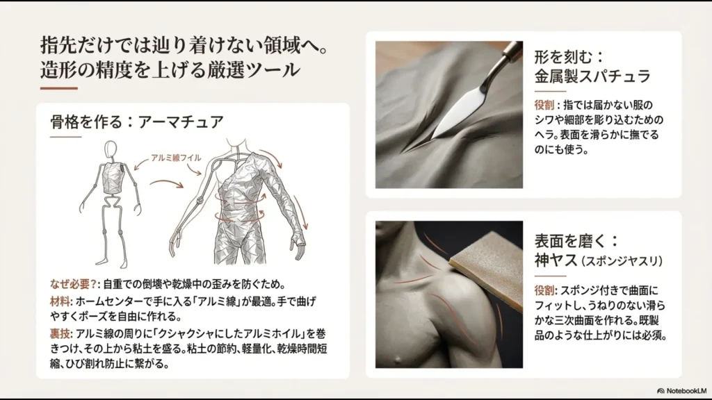 アーマチュア（骨格）、金属スパチュラ、スポンジヤスリ（神ヤス）などの役割をまとめたスライド。