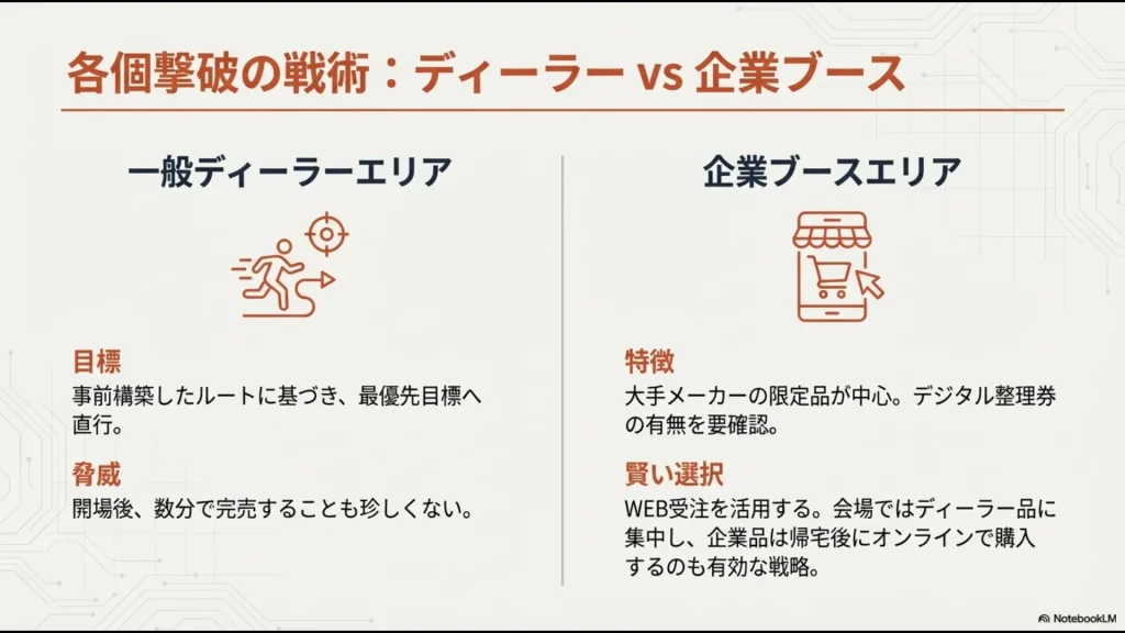 一般ディーラーエリアは最短ルートで直行し、企業ブースはWEB受注を賢く活用することを推奨する戦術比較スライド。