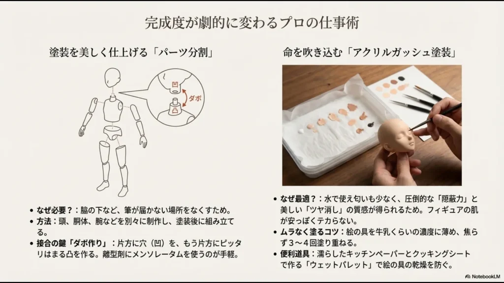 アルミ線で骨格を作り、アルミホイルを巻き付けて粘土を節約・軽量化する工程の図解スライド。