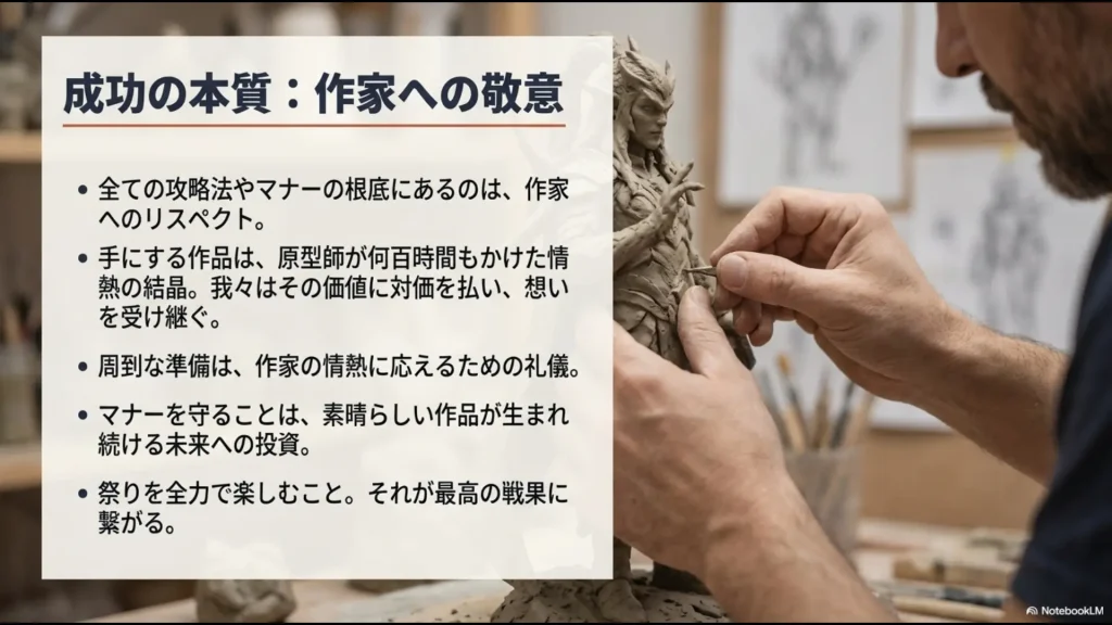 すべての攻略法やマナーの根底には作家への敬意があることを説き、祭りを全力で楽しむことが最高の戦果に繋がるとまとめたメッセージ。