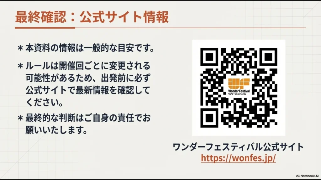 ワンダーフェスティバルのロゴと公式サイトへのQRコード。最新情報の確認を促す注意書きが添えられている。