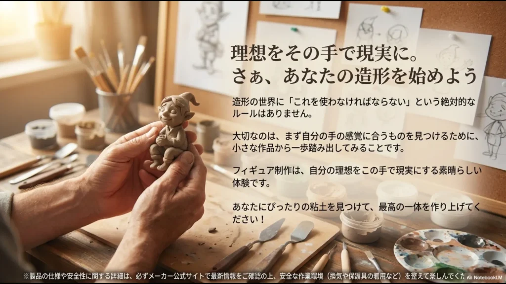 自分の手の感覚に合うものから一歩踏み出そうと呼びかける、造形ライフのスタートを応援するスライド。