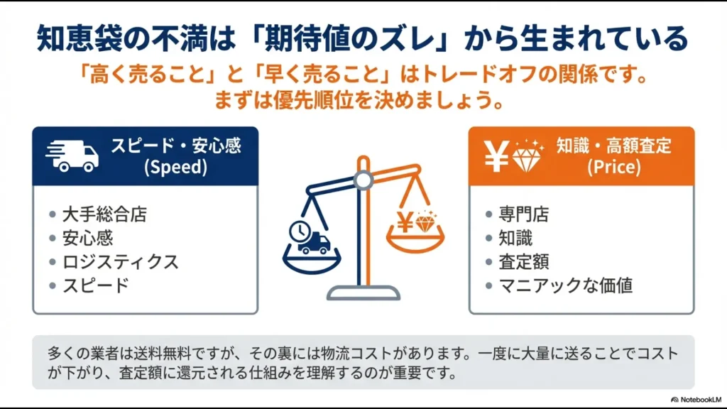 フィギュア買取におけるスピード・安心感と知識・高額査定のトレードオフ関係を図解した天秤のイラスト