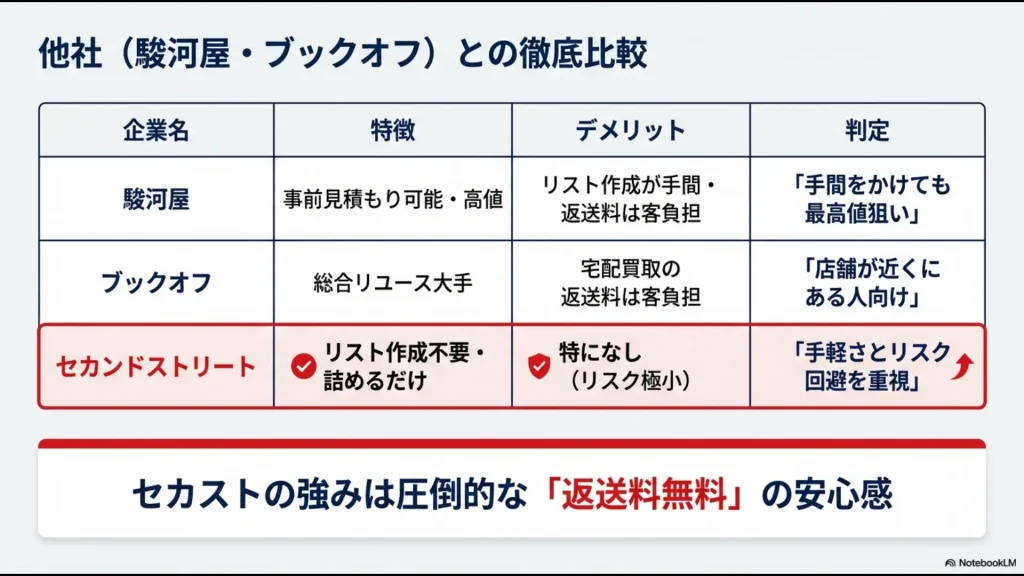 駿河屋、ブックオフ、セカンドストリートのフィギュア買取の手間やリスクを比較した詳細テーブル