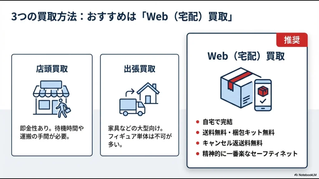店頭・Web・出張買取の比較と、最もおすすめなWeb宅配買取のメリット説明図