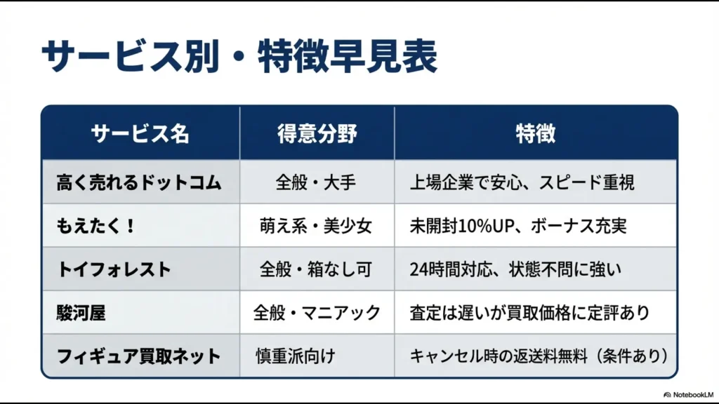高く売れるドットコム、もえたく、トイフォレスト、駿河屋、フィギュア買取ネットの特徴を比較した一覧表