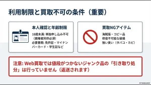 18歳未満の利用制限や必要書類、海賊版や破損品などの買取不可条件のまとめ画像