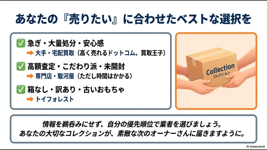 急ぎや大量処分、高額査定など自分の優先順位に合わせたベストなフィギュア買取業者の選び方まとめ