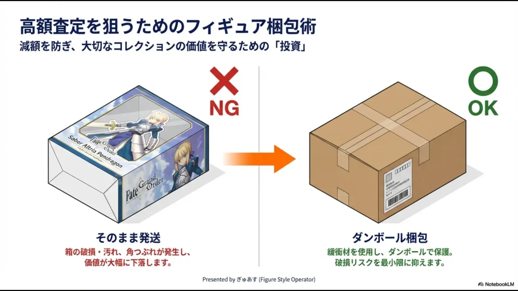 フィギュアの化粧箱をそのまま発送する場合と、緩衝材を使いダンボールで梱包した場合の比較図。そのまま発送はNG、ダンボール梱包はOKと記載。