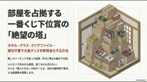 部屋に積み上げられた一番くじ下位賞の段ボールと絶望の塔の文字