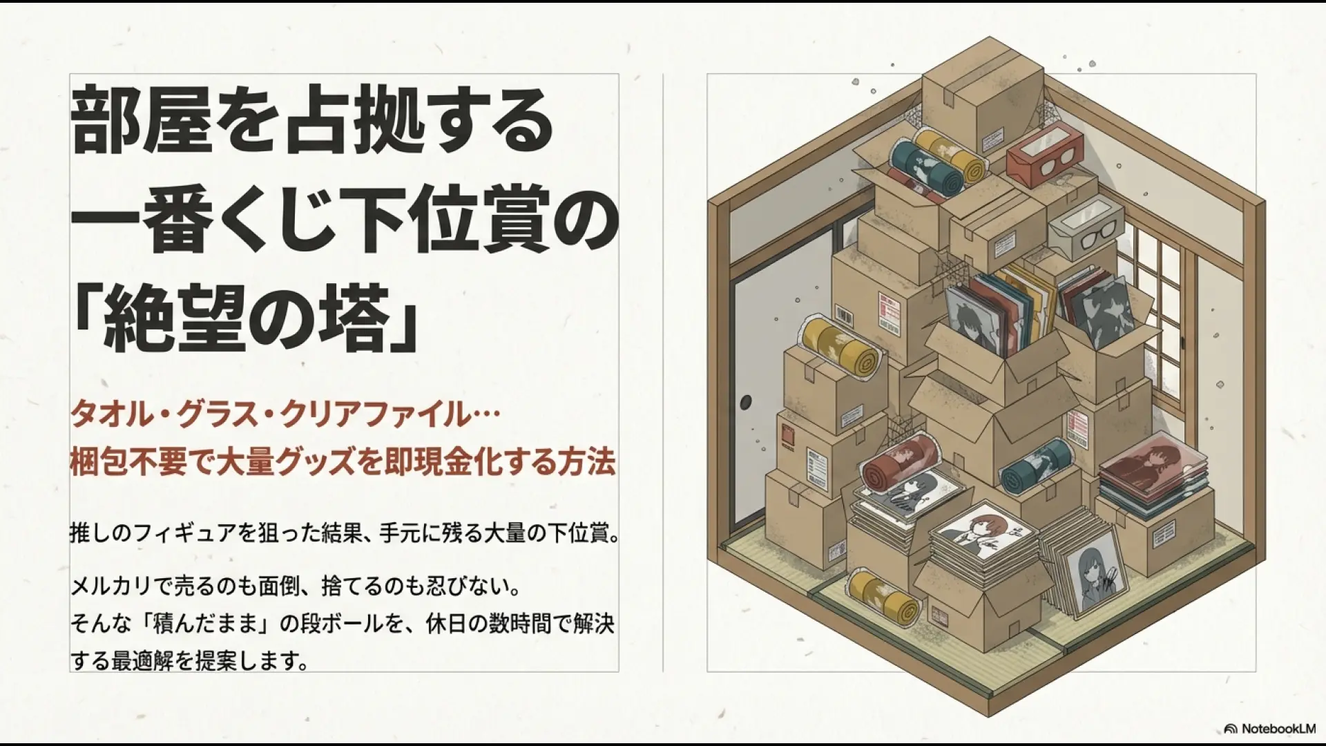 部屋に積み上げられた一番くじ下位賞の段ボールと絶望の塔の文字