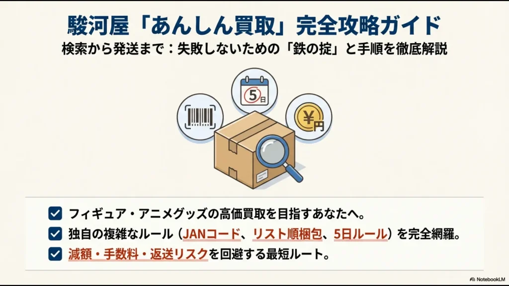 駿河屋あんしん買取のバーコード検索、5日以内の期限、高価買取をイメージしたイラスト