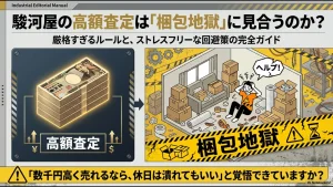 駿河屋の買取で得られる高額査定のメリットと、それと引き換えに発生する過酷な梱包作業のイメージ図