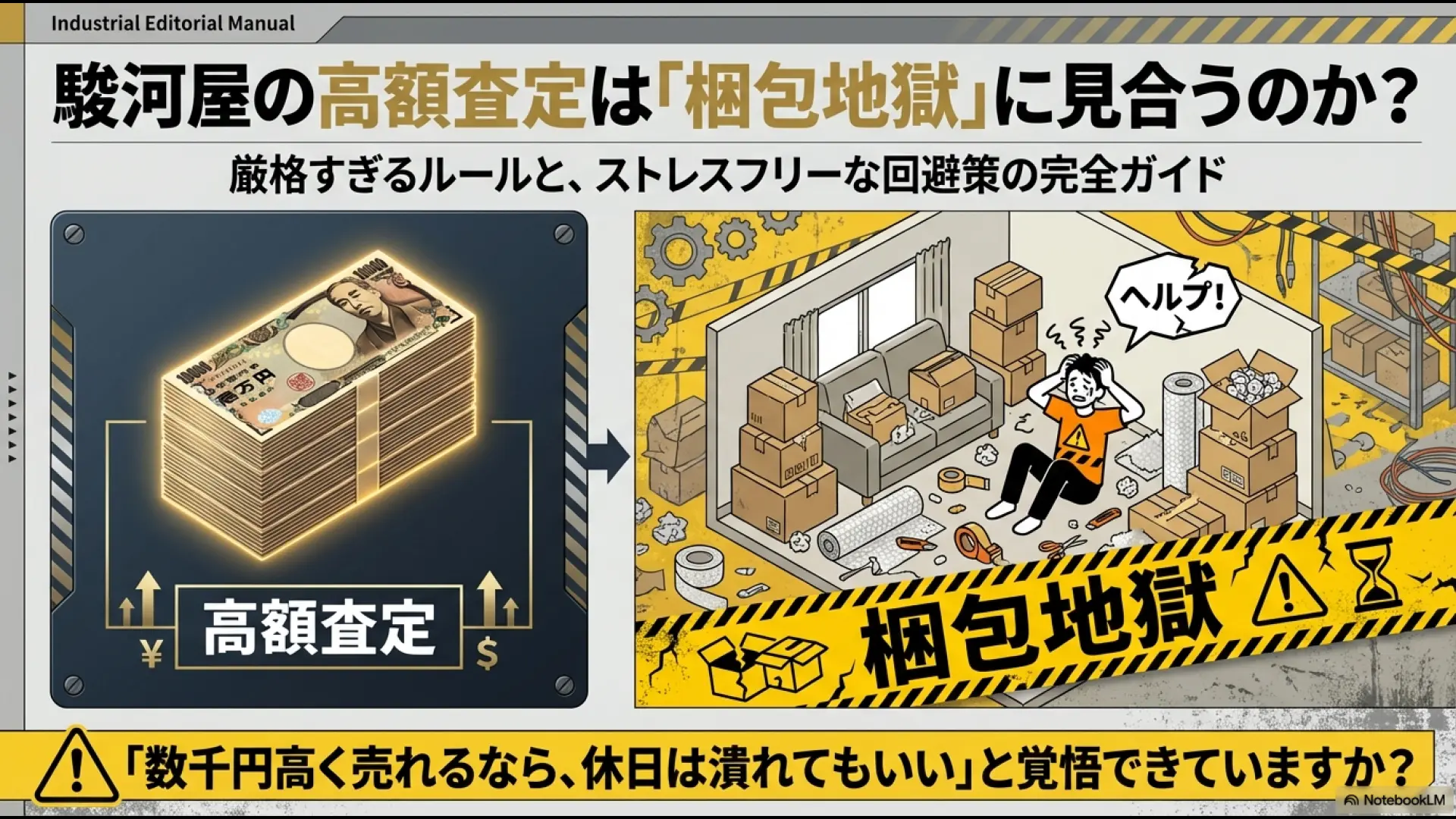 駿河屋の買取で得られる高額査定のメリットと、それと引き換えに発生する過酷な梱包作業のイメージ図