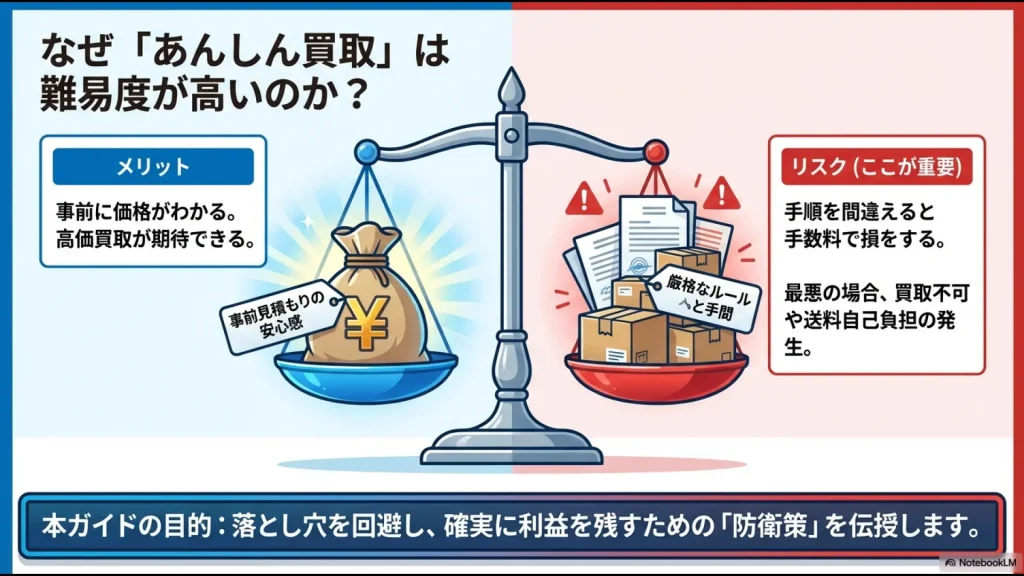 事前見積もりの安心感と、厳格なルール・手間の天秤図。手順を間違えると手数料で損をするリスクの解説