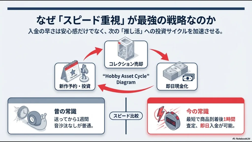 フィギュア買取における昔の常識（1週間待ち）と今の常識（最短1時間査定）を比較した資産サイクル図