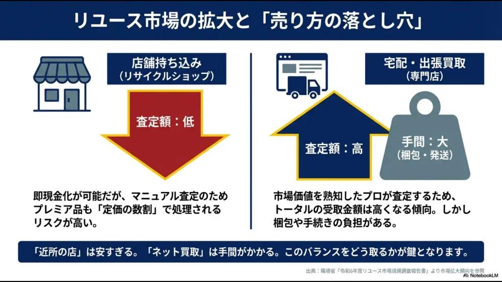 リサイクルショップへの持ち込みと専門店の宅配・出張買取の査定額と手間の違いを比較した図解。環境省の市場調査を参照。