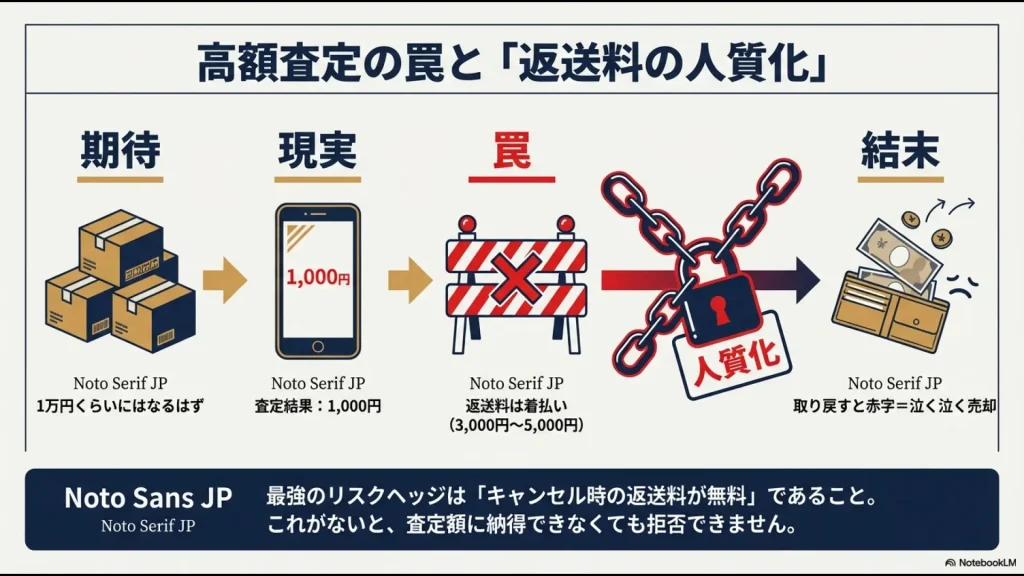 期待していた1万円の査定が実際には1,000円になり、返送料が3,000円〜5,000円かかるため、泣く泣く売却せざるを得ない「人質化」の図解 。