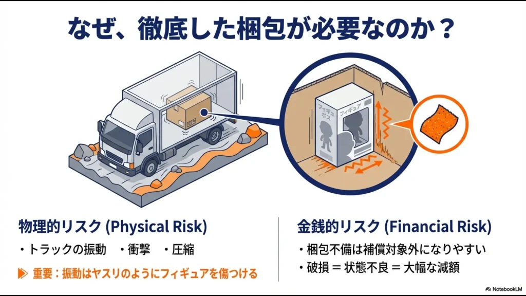 トラック輸送中の振動、衝撃、圧縮のイラスト。振動がヤスリのようにフィギュアを傷つける重要性と、梱包不備による減額リスクの解説。