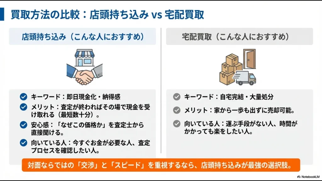 店頭持ち込みと宅配買取のメリット比較。即日現金化・納得感を求めるなら店頭、大量処分なら宅配がおすすめ。