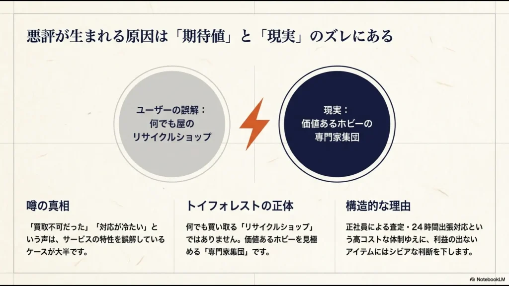 トイフォレストを「何でも屋」と誤解することで生まれる悪評の真相と、専門家集団としての実態を解説する図解