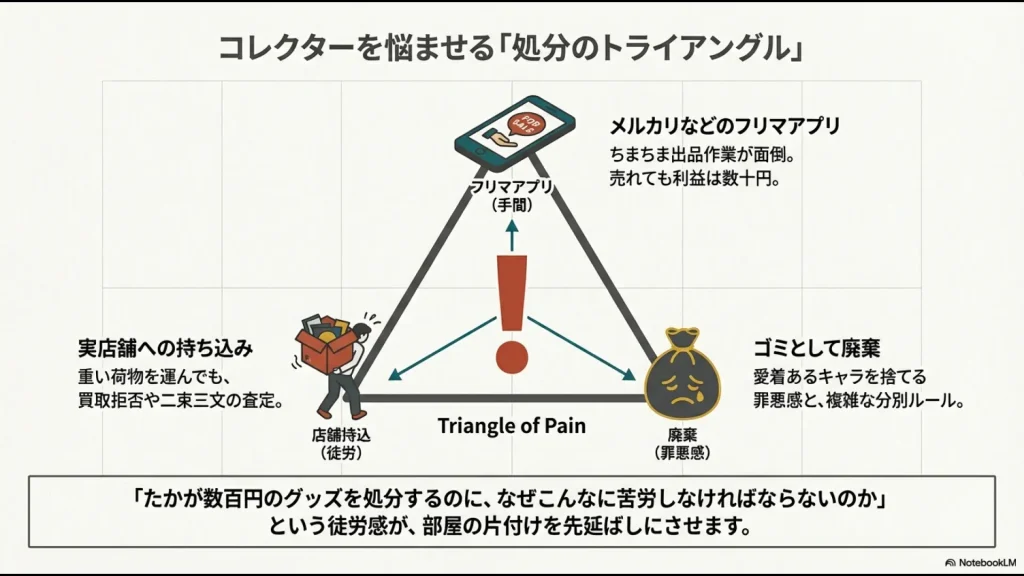 フリマアプリの手間、実店舗への徒労、廃棄の罪悪感を示す図解