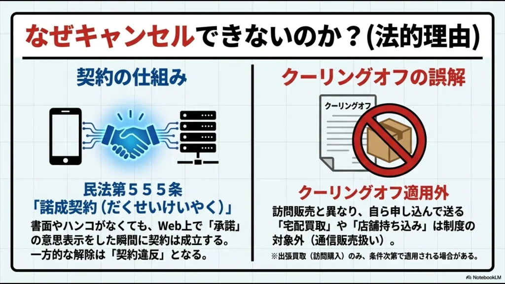 フィギュア買取の法的根拠（民法555条）とクーリングオフ適用外の図解