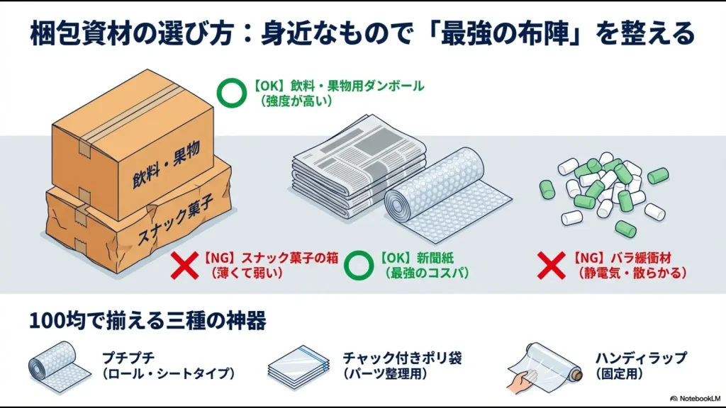飲料・果物用ダンボールはOK、スナック菓子の箱はNG。新聞紙はOK、バラ緩衝材はNG。100均のプチプチ、チャック袋、ハンディラップの紹介。