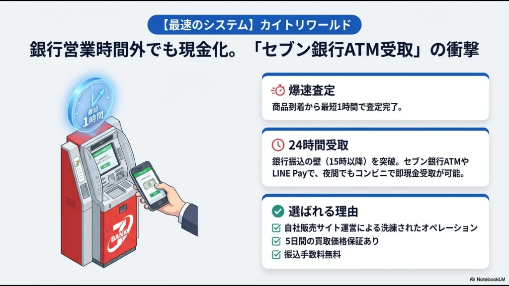 カイトリワールドの爆速査定とセブン銀行ATM受取による、銀行営業時間外でも可能な24時間現金受取の解説