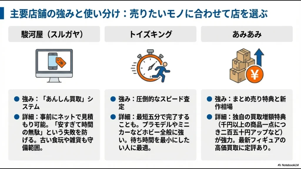 駿河屋、トイズキング、あみあみの強み比較。あんしん買取、スピード査定、まとめ売り特典の特徴。
