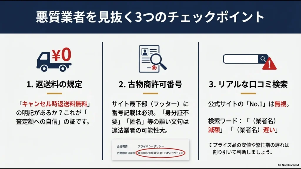 悪質業者を避けるための3点（返送料無料の明記、古物商許可番号の記載、リアルな口コミの検索）を説明したスライド 。