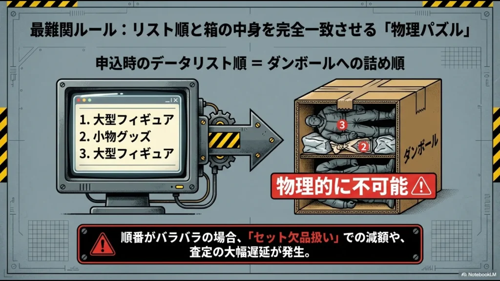 申込時のデータリスト順とダンボールへの詰め順を完全に一致させなければならない、駿河屋特有の梱包ルールの説明図