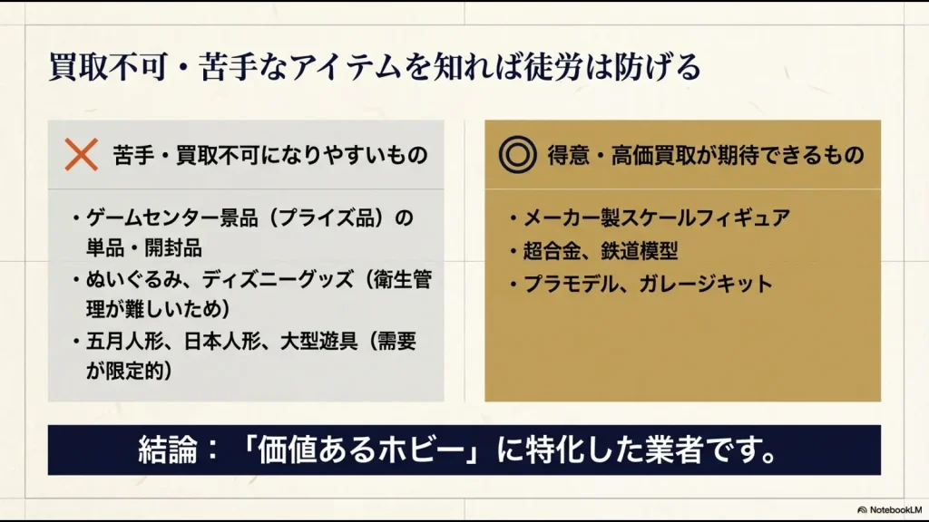 ゲームセンター景品やぬいぐるみなどの買取不可アイテムと、メーカー製フィギュアや超合金などの高価買取対象を比較したリスト