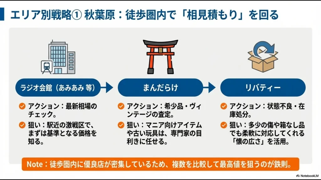 秋葉原エリアでのフィギュア買取戦略。ラジオ会館、まんだらけ、リバティーを回る相見積もりルート。
