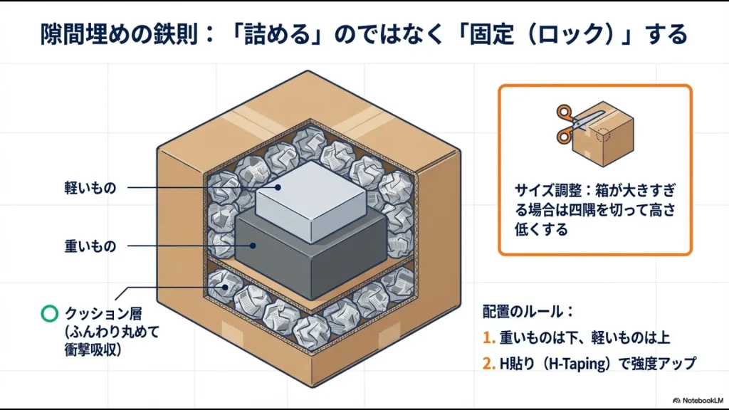 ダンボールの四隅を切って高さを低くする加工方法と、内部の重いものを下、軽いものを上にする配置ルール、H貼りの解説。