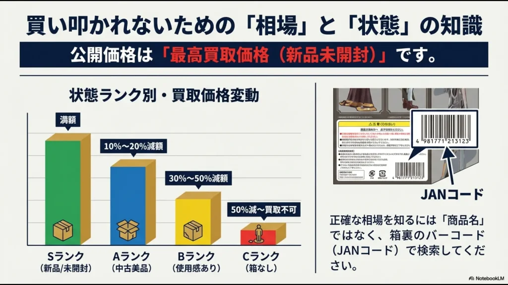 未開封（Sランク）から箱なし（Cランク）までの減額目安グラフと、正確な相場を知るためのJANコード検索の重要性の解説 。