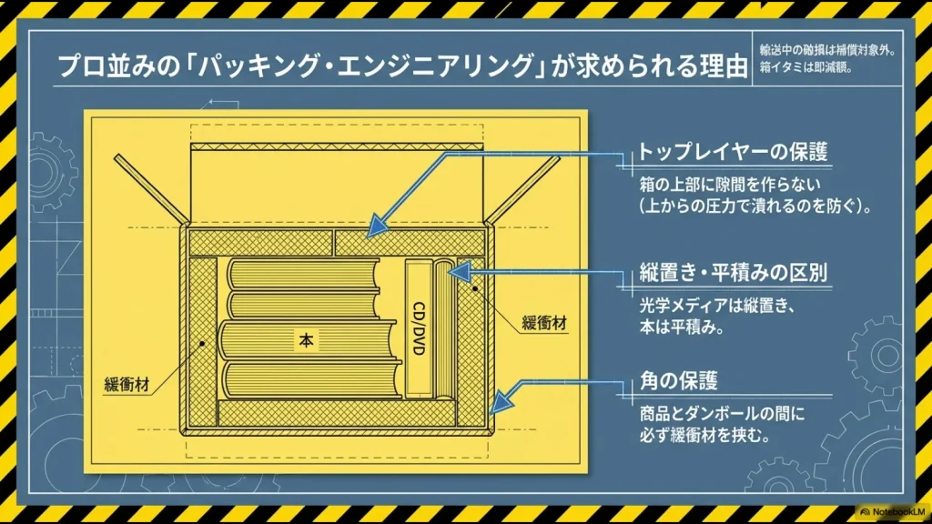フィギュアの箱イタミを防ぐための、トップレイヤー保護、縦置き・平積みの区別、角の緩衝材保護のやり方
