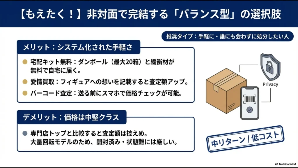 もえたく！の宅配キット無料や愛情買取などのメリットと、中等度のリターンという特徴をまとめたスライド。