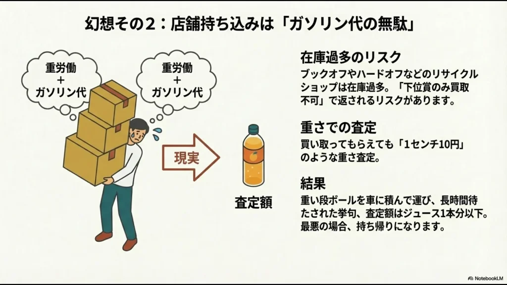 重い段ボールを運んでも二束三文の査定になる店舗持ち込みの図