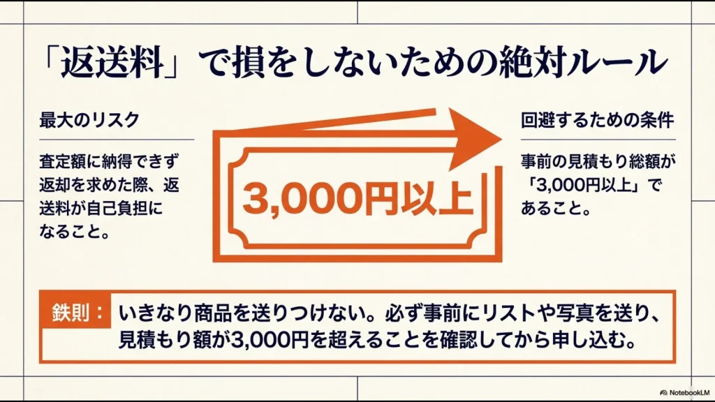 宅配買取の返送料を無料にするための条件「事前見積もり3,000円以上」を強調したアイコン画像