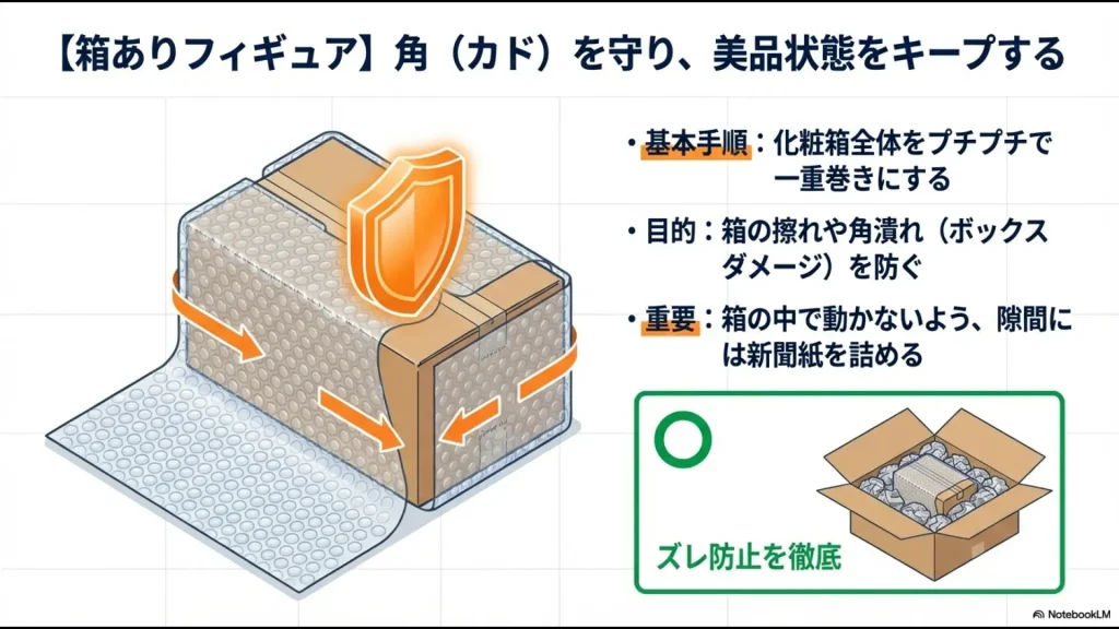 フィギュアの化粧箱全体をプチプチで一重巻きにし、輸送中のズレを防止するためにダンボールとの隙間を新聞紙で埋めているイラスト。