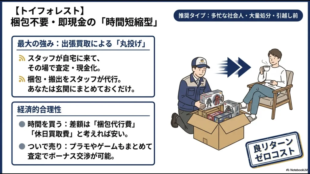 フィギュアの箱の有無（50%減額のリスク）、テープの状態、角の潰れなど、査定額を左右するチェックポイントの図解。