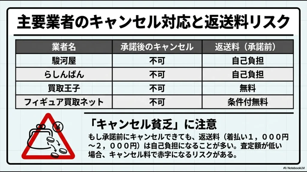 主要フィギュア買取業者のキャンセル規定と返送料の比較表スライド