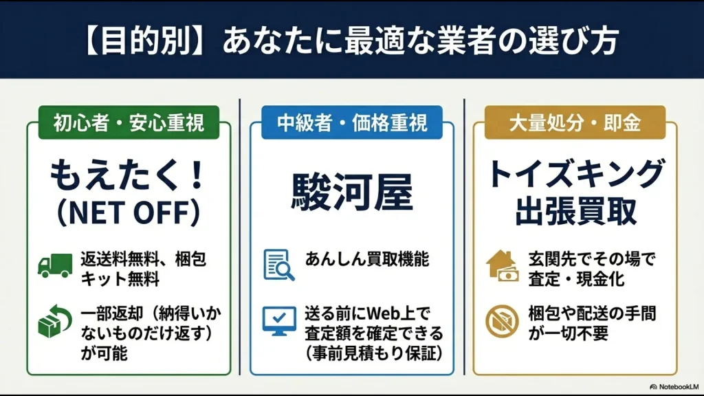 初心者（もえたく！）、価格重視（駿河屋）、大量処分（トイズキング）といった、ユーザーの目的に合わせた業者選びの比較表