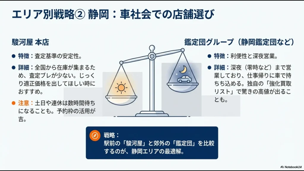 静岡エリアの買取戦略。駅前の駿河屋本店と郊外の鑑定団グループを比較する最適解の提示。
