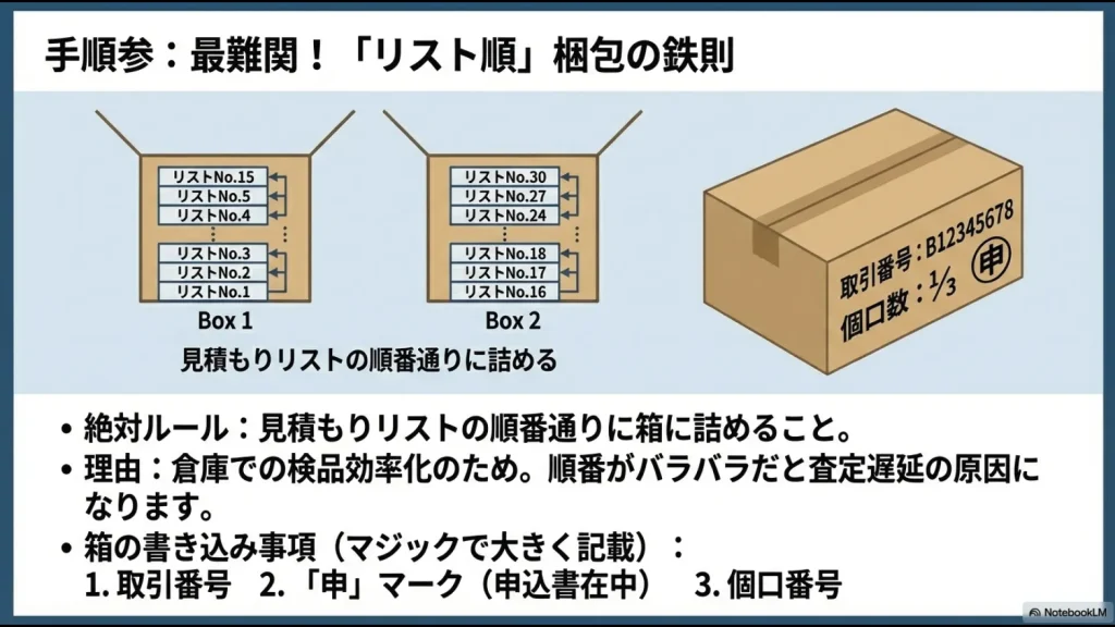商品を見積もりリストの番号順に箱に詰める様子と、箱に取引番号・申マーク・個口数を記載する例
