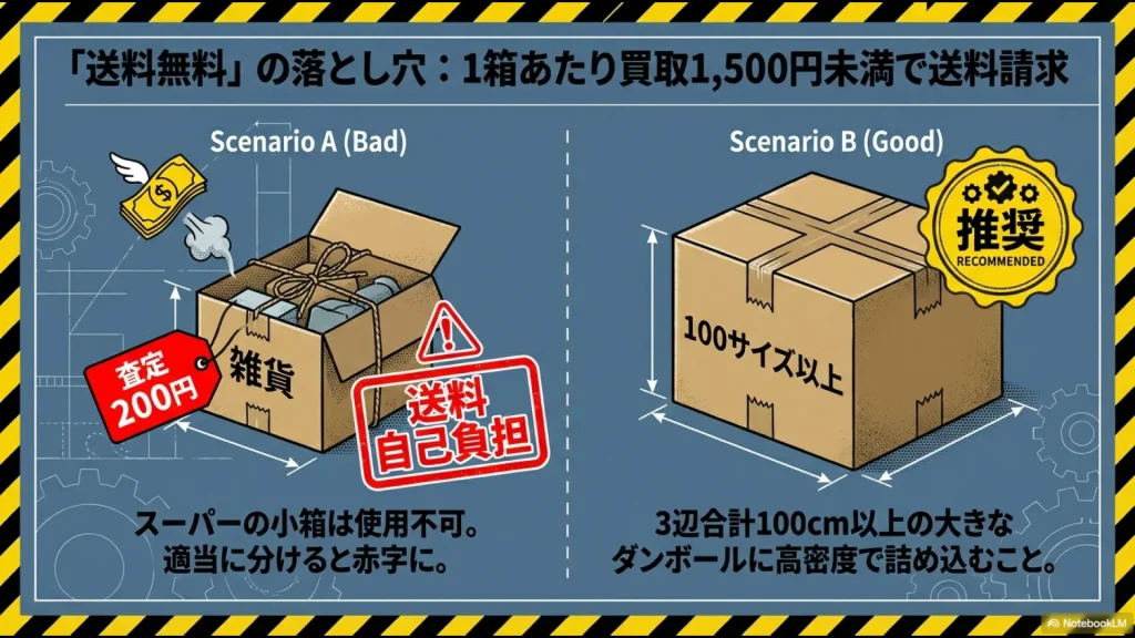 1箱あたりの買取額が1500円未満で送料自己負担になる「Badシナリオ」と、100サイズ以上の箱に高密度で詰める「Goodシナリオ」の比較