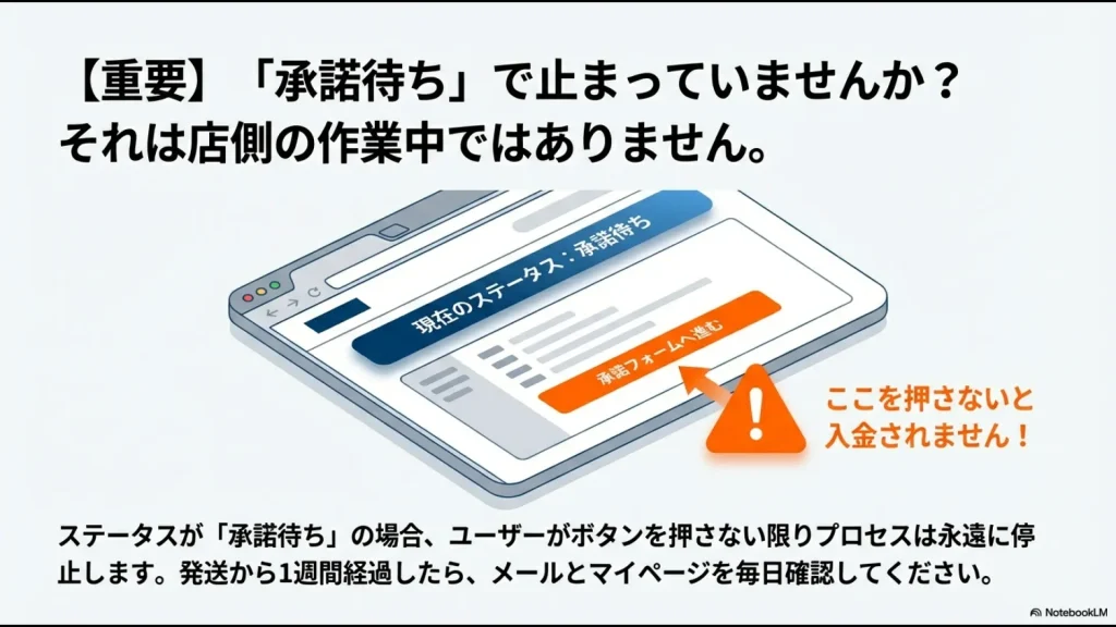 ステータスが承諾待ちの場合、ユーザーがボタンを押さないと入金プロセスが停止することを示すマイページ画面の解説。